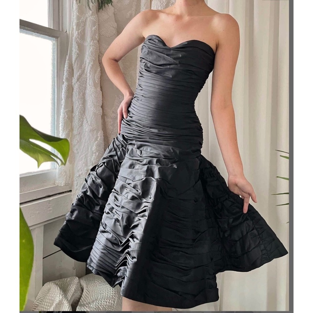 80s Vintage Victor Costa Ruched Strapless Cocktail Dress Womens 12 Black